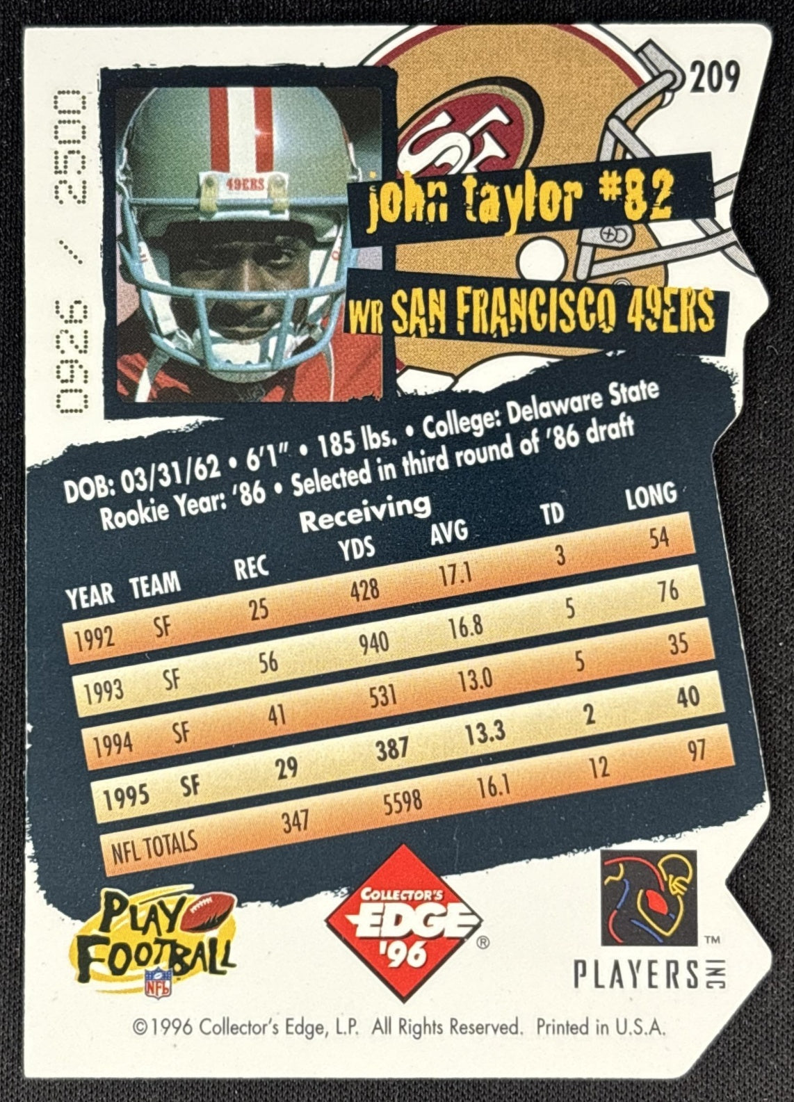 John Taylor 1996 Collector's Edge Die Cuts /2500 49ers back