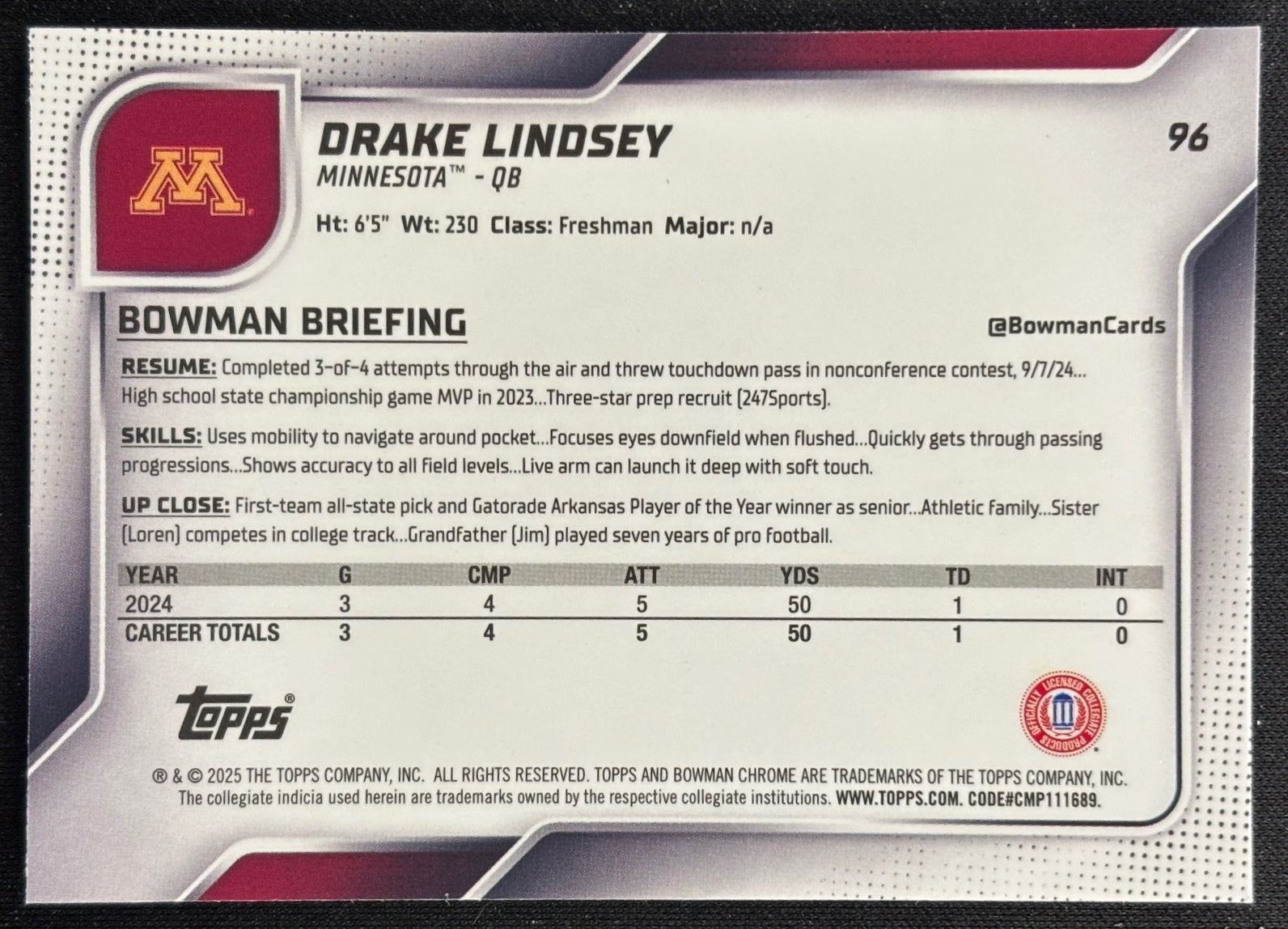 Drake Lindsey 2025 Chrome University Sapphire Prospect Golden Gophers - Back