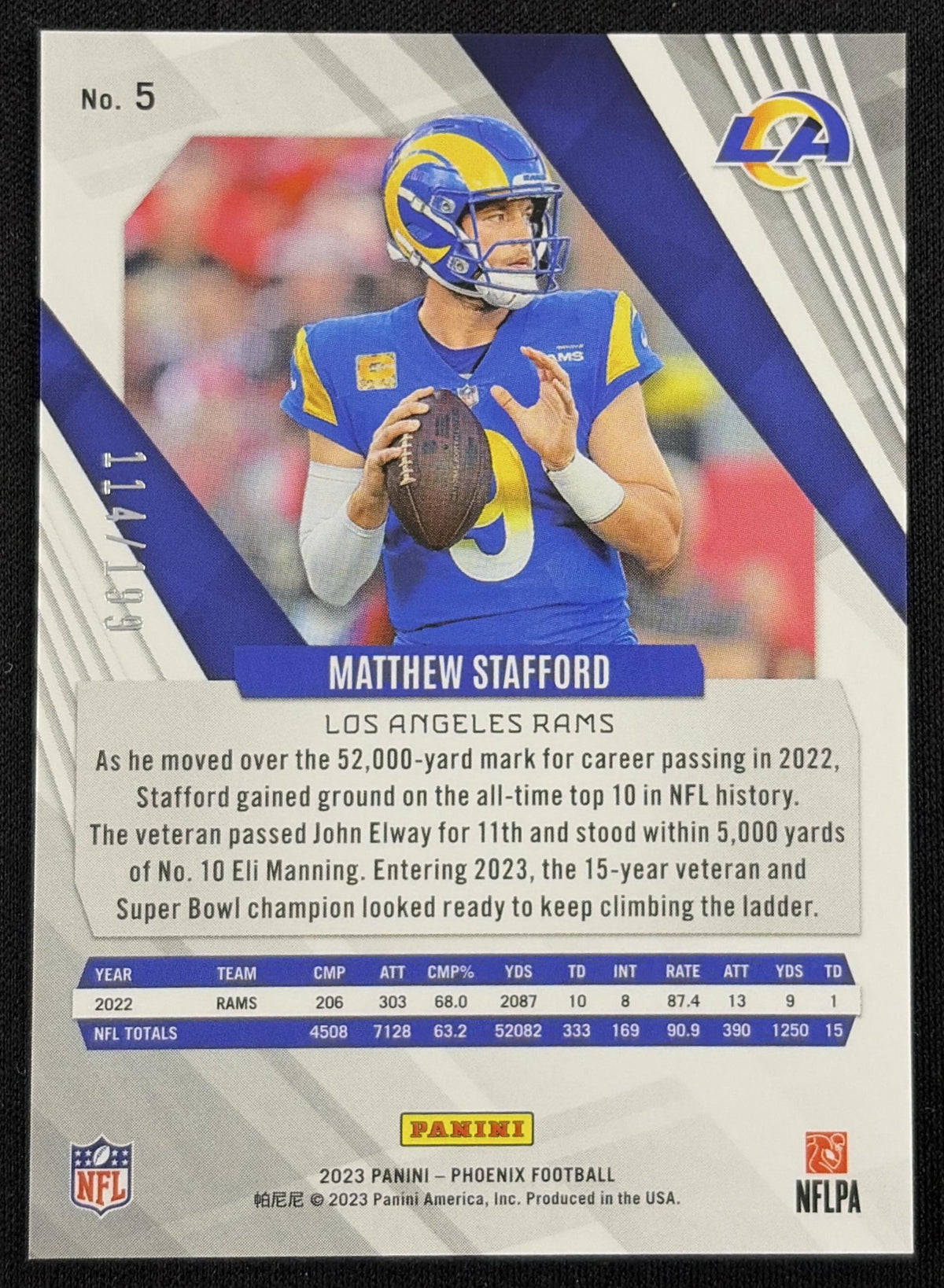 Matthew Stafford 2023 Panini Phoenix Red /199 Rams sports trading card back