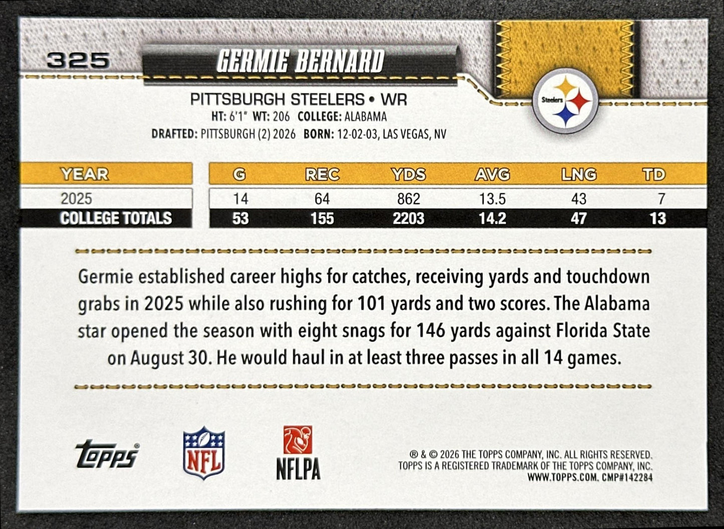 Germie Bernard 2026 Topps Flagship Rookie Steelers Sports Trading Card