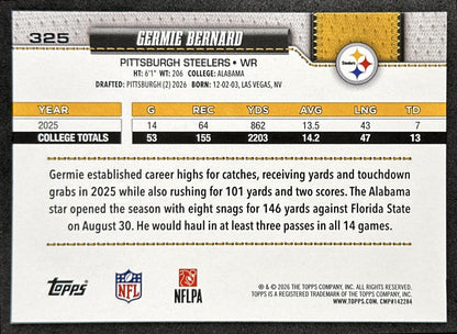 Germie Bernard 2026 Topps Flagship Rookie Steelers Sports Trading Card