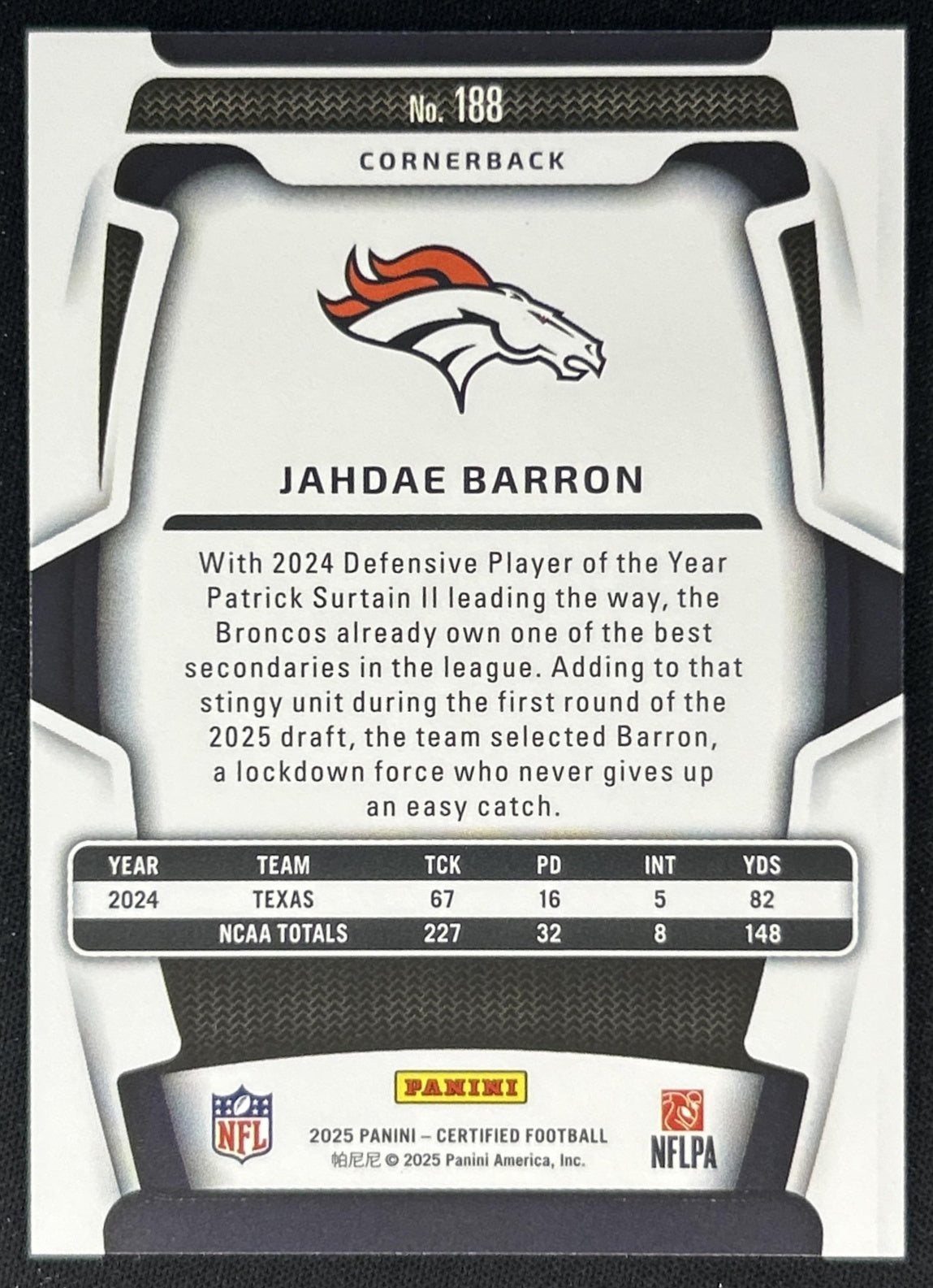Jahdae Barron 2025 Panini Certified Rookies Mirror /399 Broncos