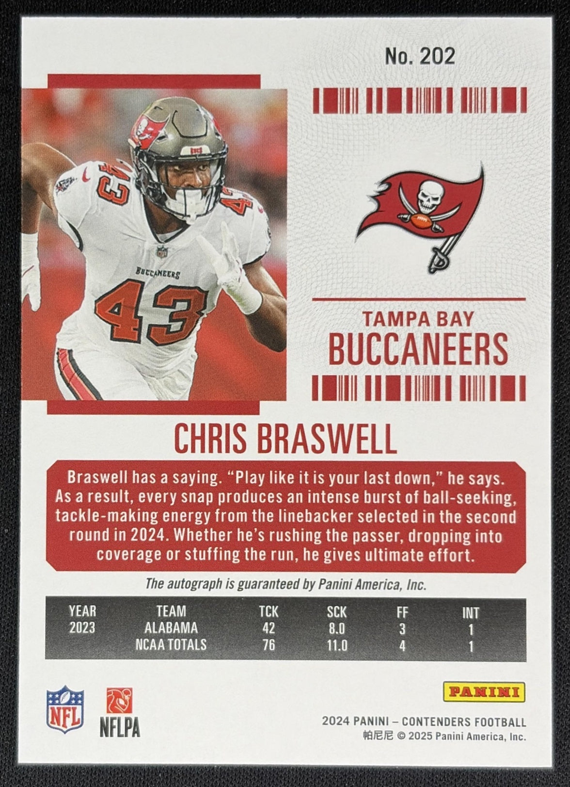 Chris Braswell 2024 Panini Contenders Rookie Ticket Auto Buccaneers back