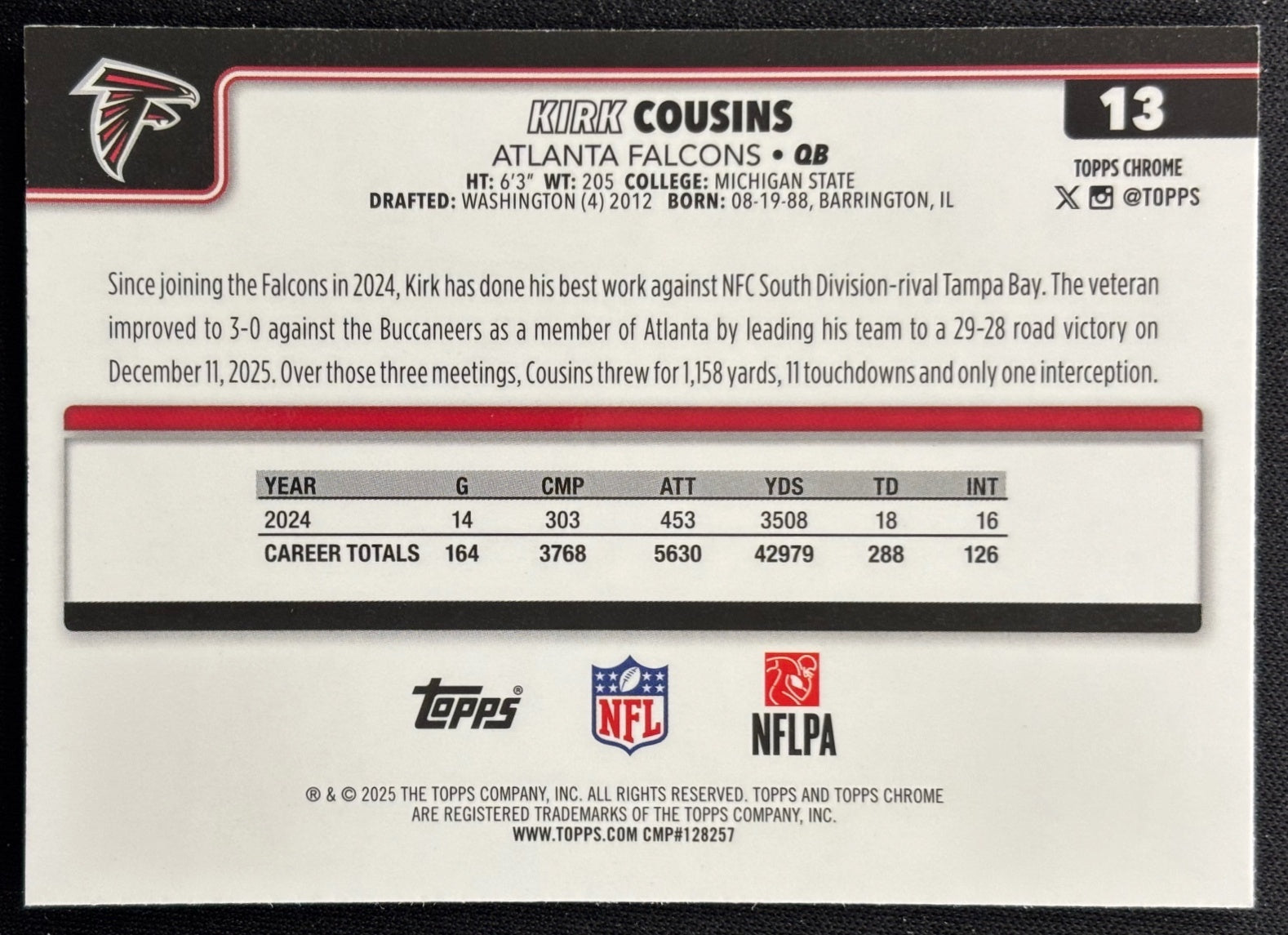 Kirk Cousins 2025 Topps Chrome Pulsar Refractor Falcons Football