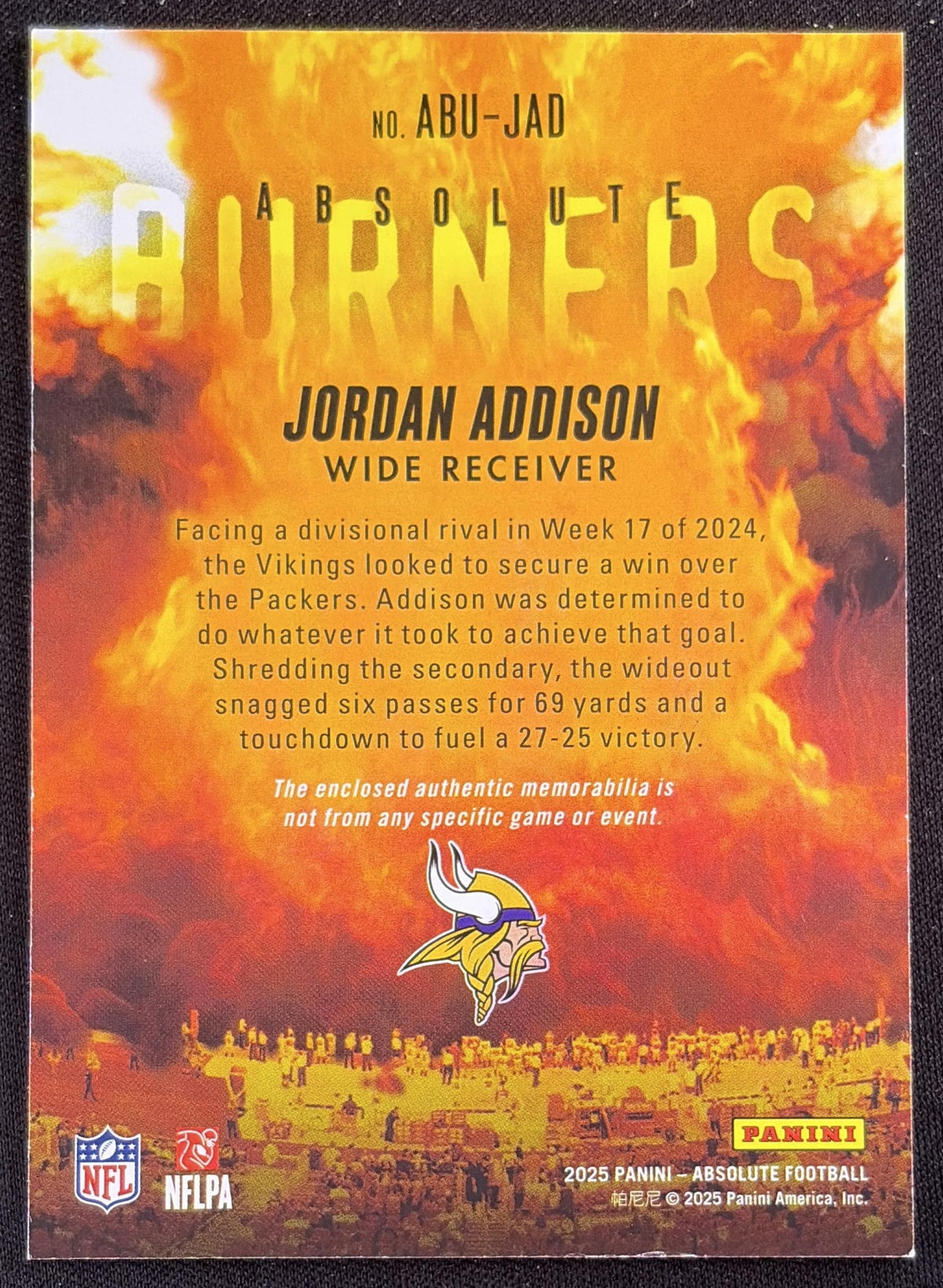 Jordan Addison 2025 Panini Absolute Burners Vikings Sports Trading Card