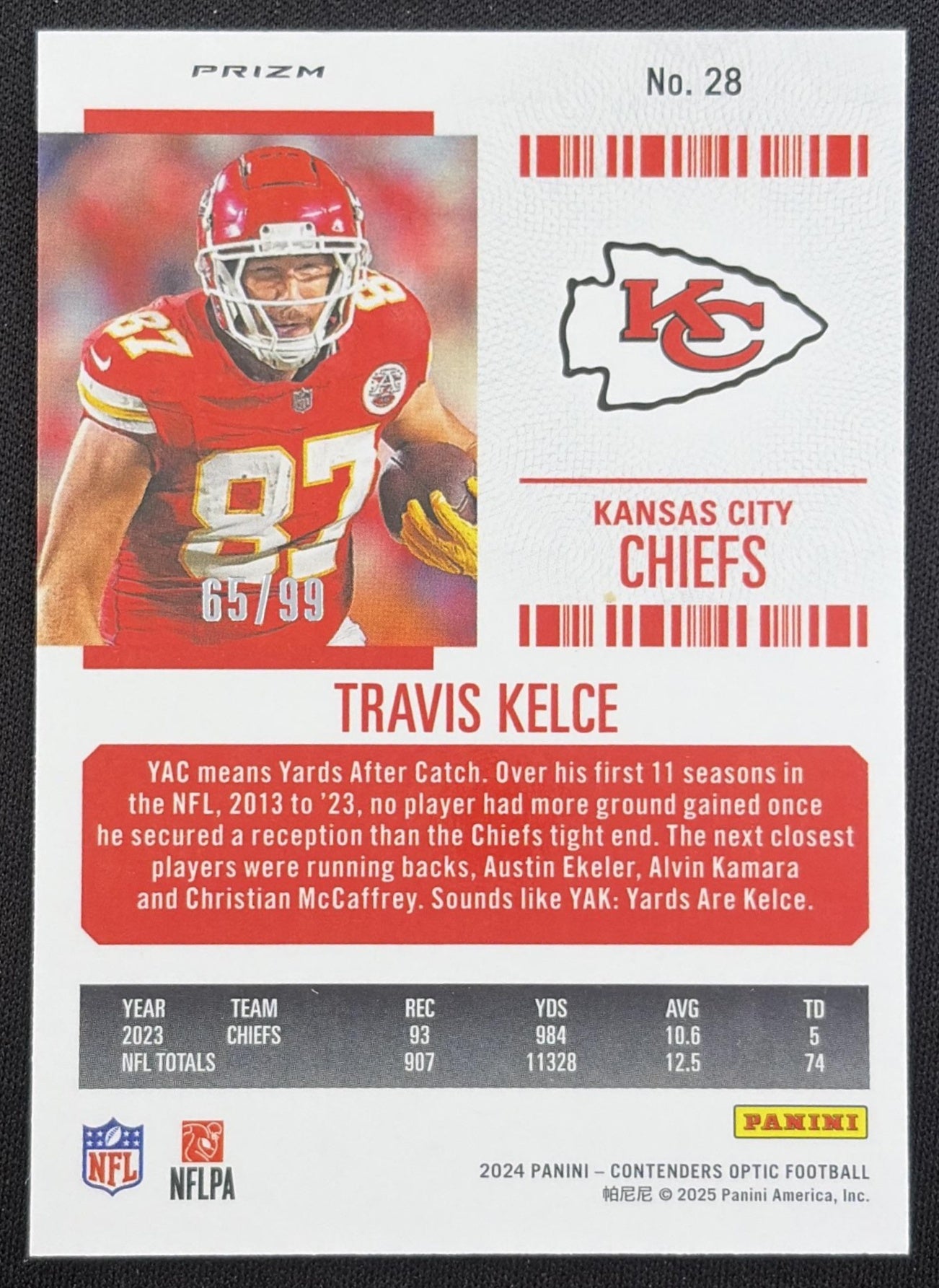 Travis Kelce 2024 Panini Contenders Optic Season Ticket Blue Prizm /99 Chiefs Kansas City Chiefs