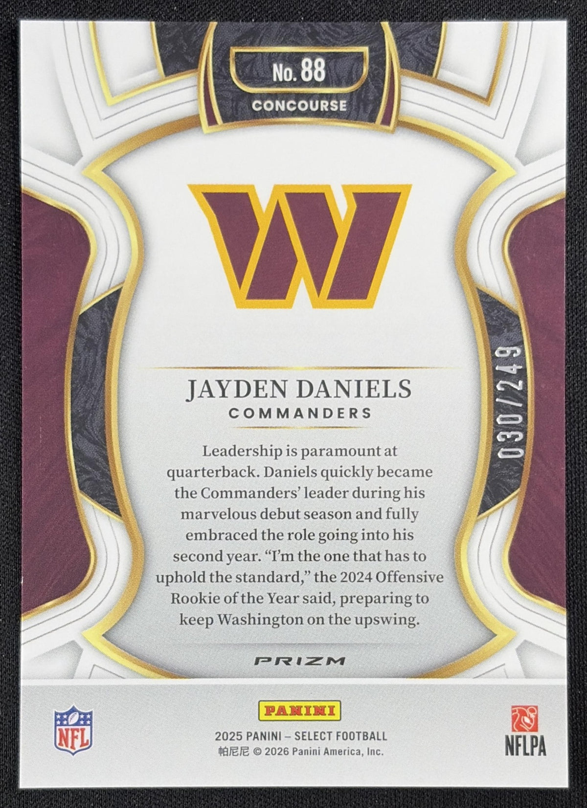 Jayden Daniels 2025 Panini Select Concourse Red Prizm Shock /249 Washington Commanders