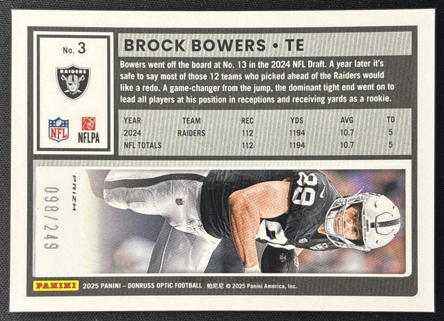 Brock Bowers 2025 Panini Donruss Optic Blue Prizm /249 Raiders Sports Trading Cards