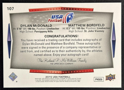 Matthew Bordfeld Dylan McDonald 2015 Upper Deck USA Football Auto back