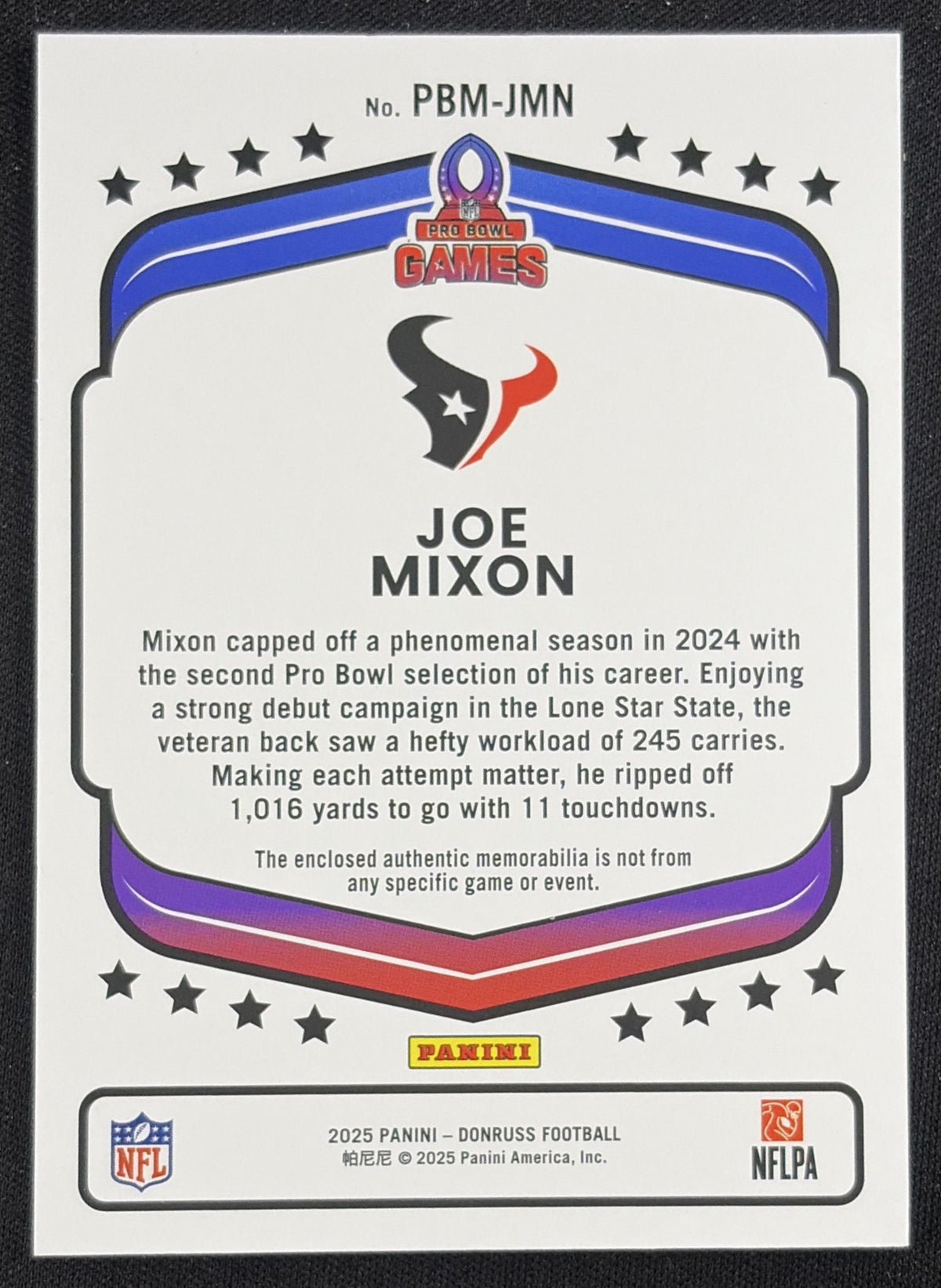 Joe Mixon 2025 Panini Donruss Pro Bowl Materials Texans Sports Trading Card