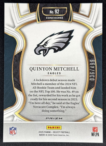 Quinyon Mitchell 2025 Panini Select Concourse Orange Prizm Shock /499 Eagles Back