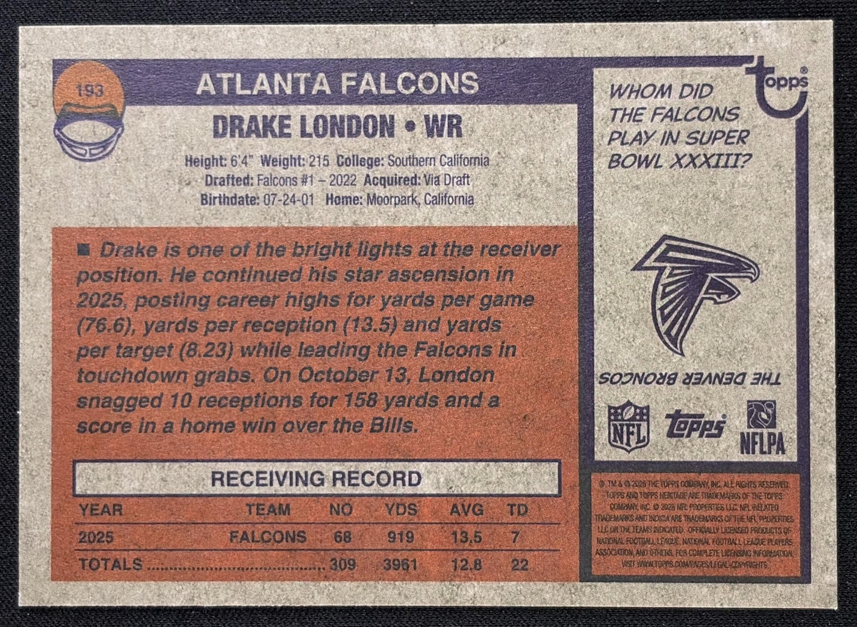 Drake London 2026 Topps Heritage Dark Green Border Falcons