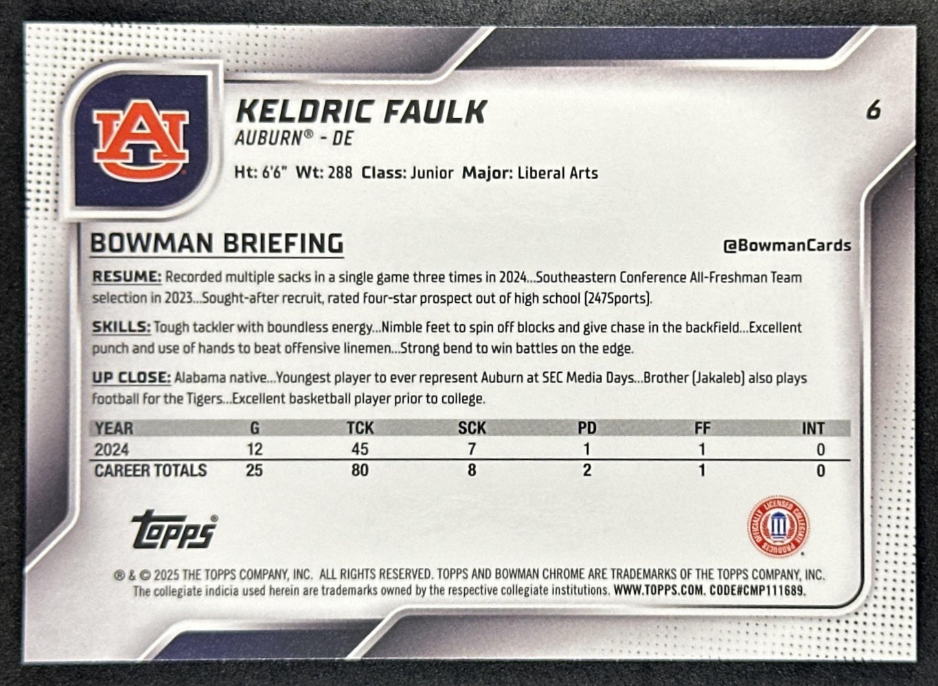 Keldric Faulk 2025 Chrome University Prospects Fuchsia Mini-Diamond Refractor /225 Tigers back