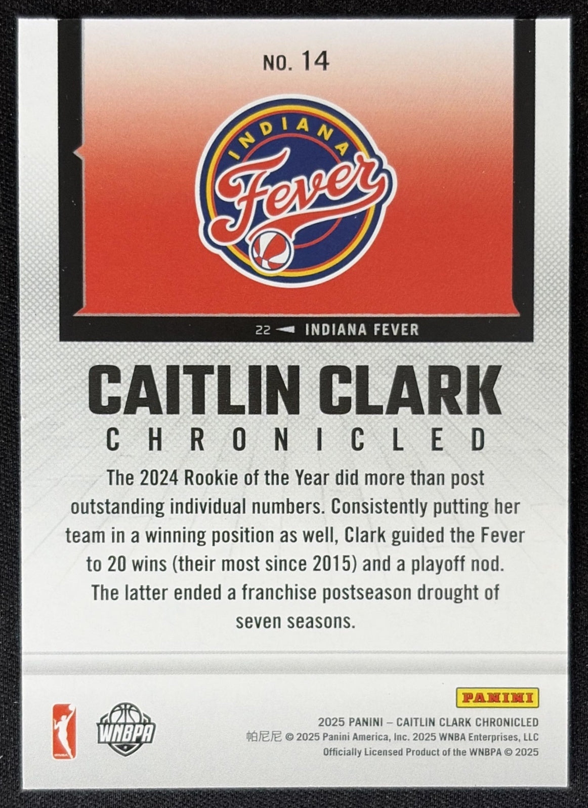 Caitlin Clark 2025 Panini Chronicled WNBA Holo Fever 14