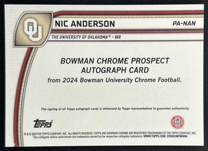 Nic Anderson 2024 Bowman Chrome University Prospect Auto Sooners back