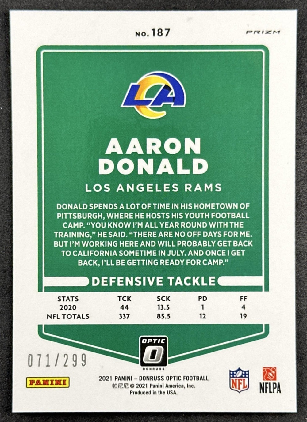 Aaron Donald 2021 Panini Donruss Optic Aqua /299 Rams back