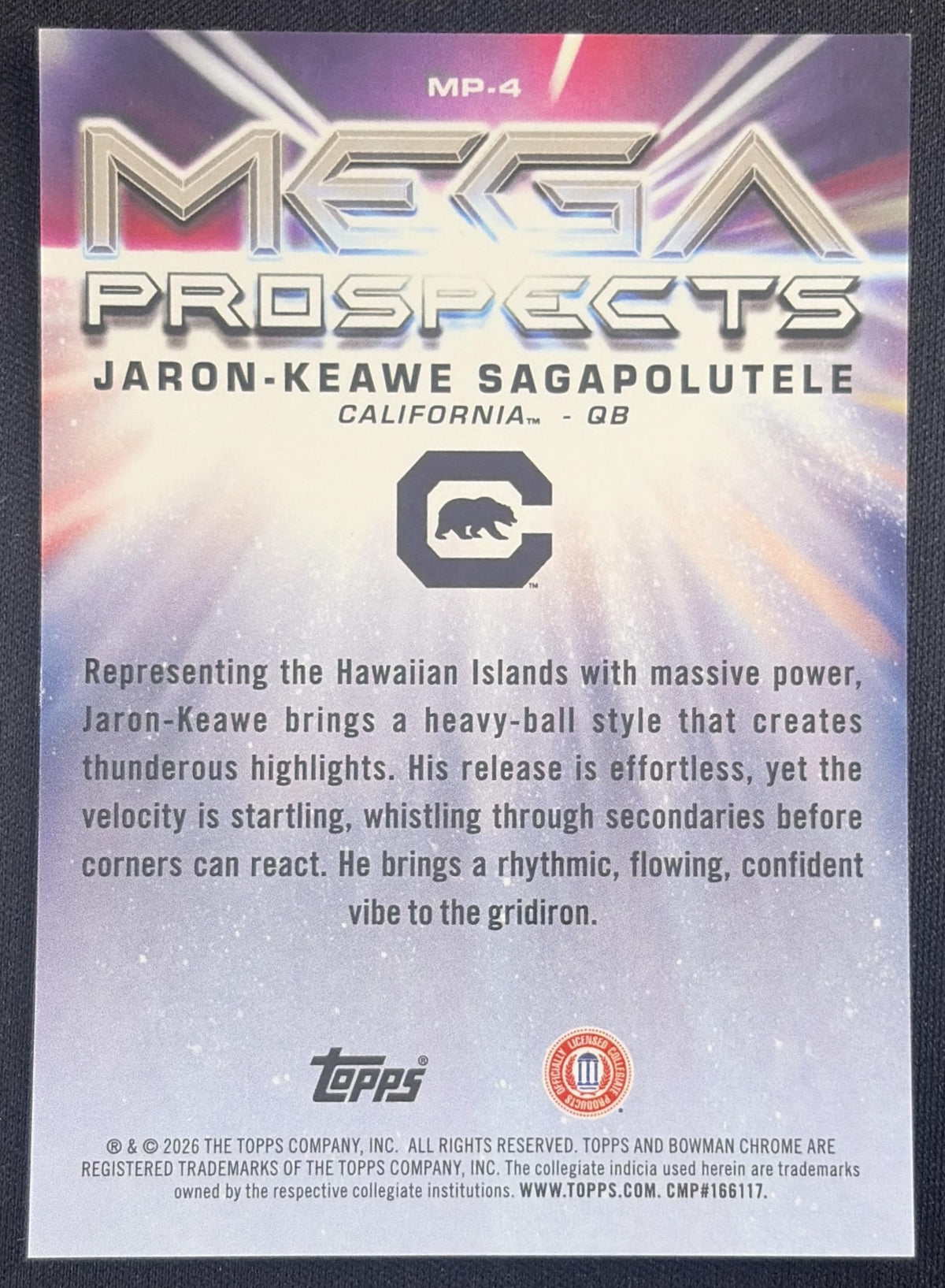 Jaron-Keawe Sagapolutele 2026 Bowman Chrome Mega Prospects Green Mojo Refractor /99 Golden Bears Sports Trading Card