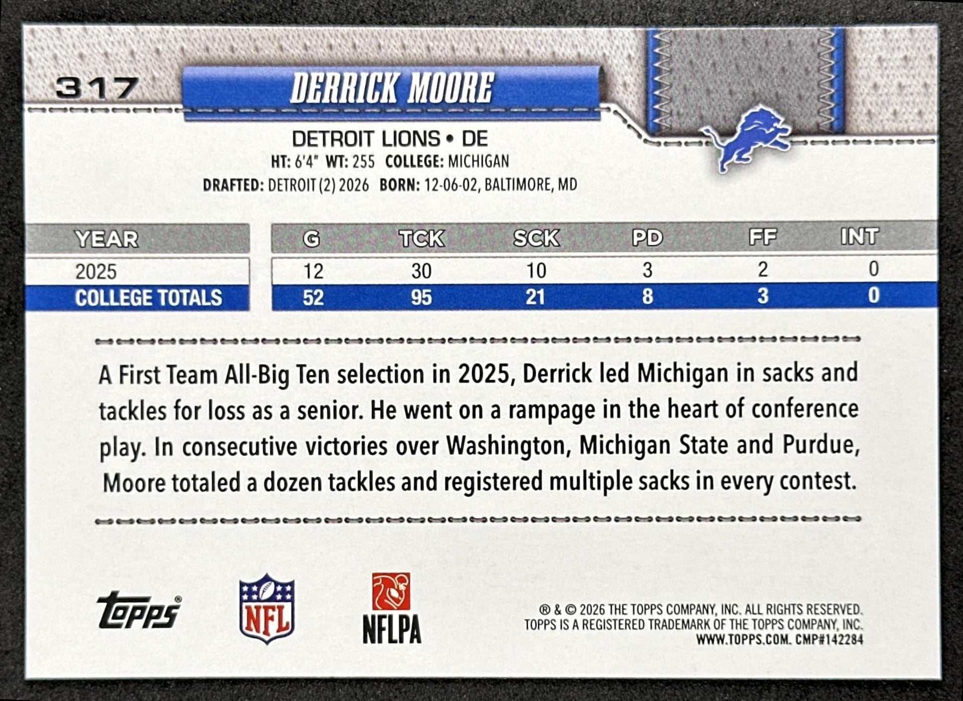 Derrick Moore 2026 Topps Flagship Rookie Lions Sports Trading Cards