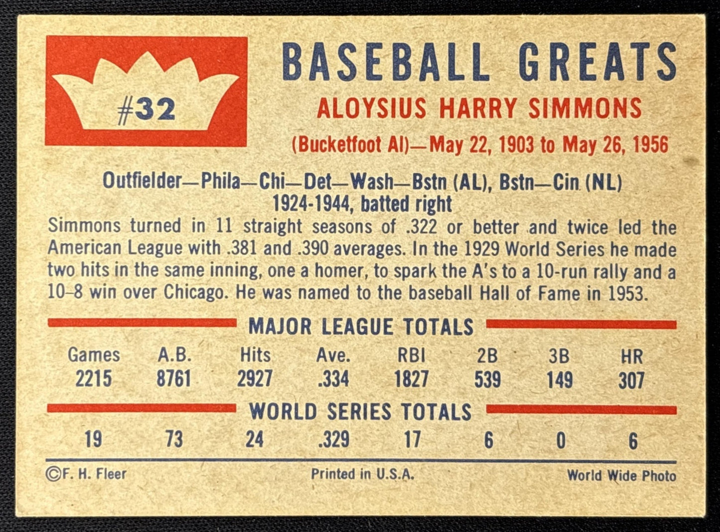 Al Simmons 1960 Fleer Baseball Greats Giants Sports Trading Cards