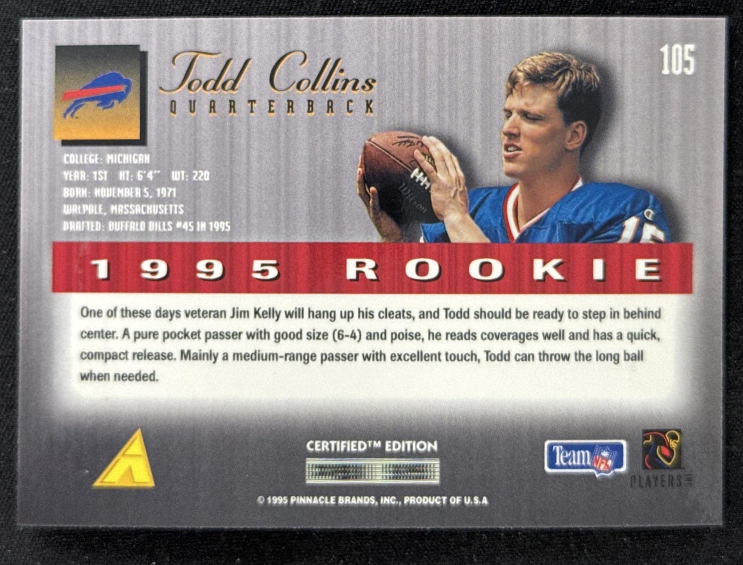 Todd Collins 1995 Pinnacle Select Certified Bills Sports Trading Card