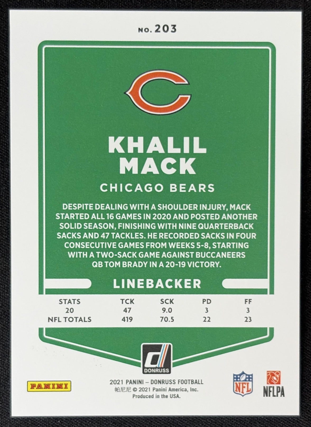 Khalil Mack 2021 Panini Donruss Press Proof Premium Bears - Chicago Bears