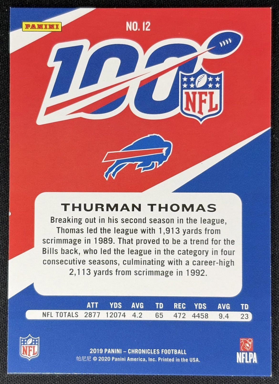Thurman Thomas 2019 Panini Chronicles NFL 100 Bills back