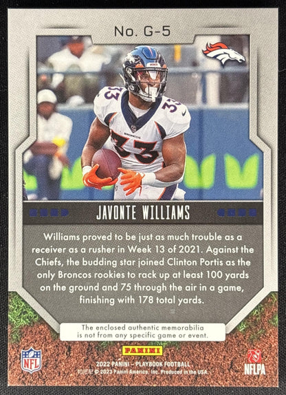 Javonte Williams 2022 Panini Playbook Grounding Prime /10 Broncos Sports Trading Cards