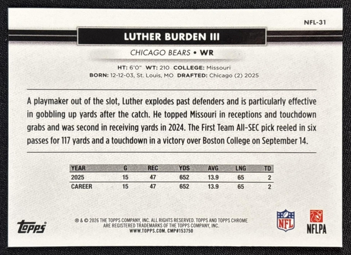 Luther Burden III 2026 Topps NSCC Collection NFL Bears Sports Trading Cards