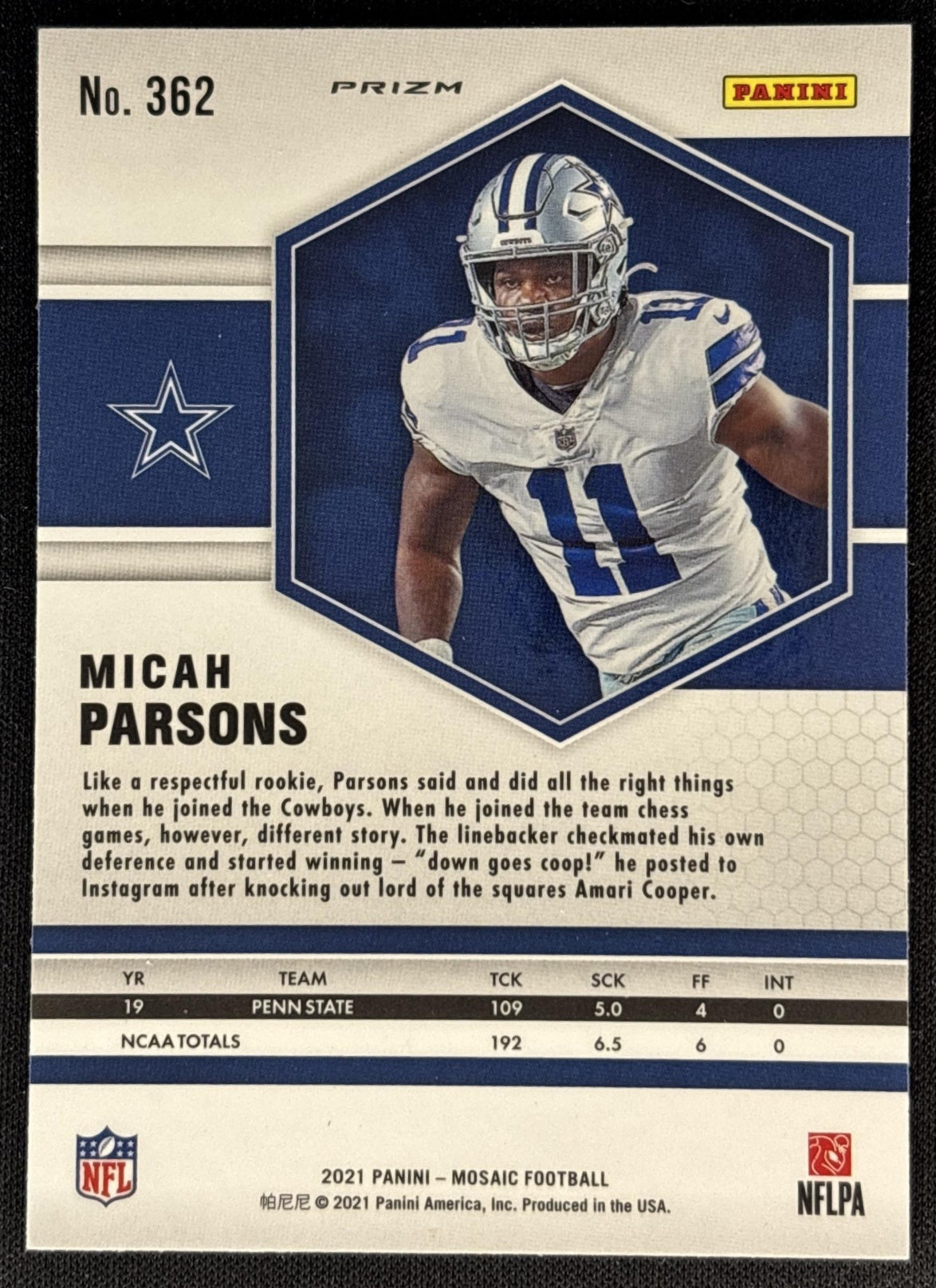 Micah Parsons 2021 Panini Mosaic Choice Prizm Green and Red Cowboys