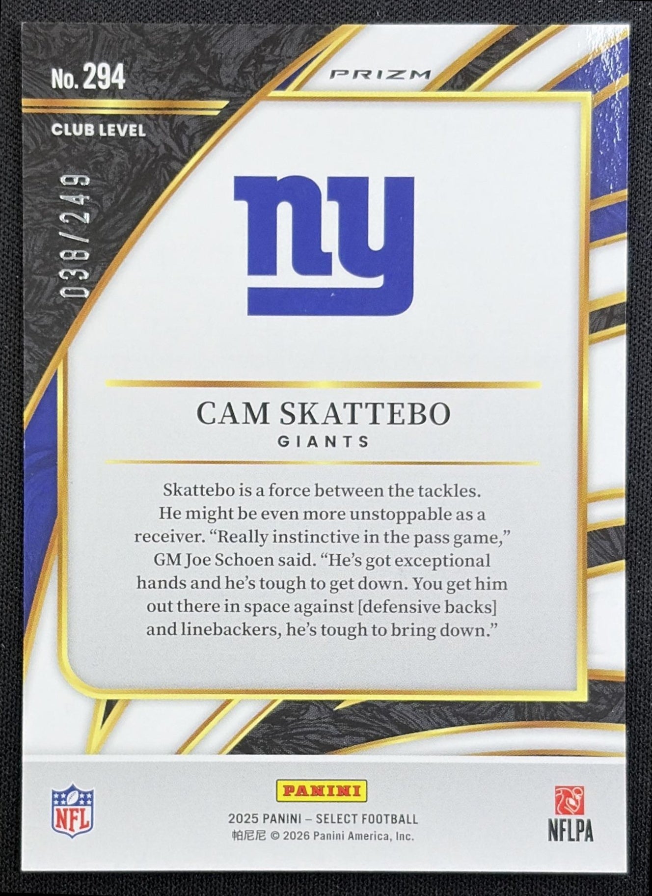 Cam Skattebo 2025 Panini Select Club Level Tri-Color Prizm /249 Giants - back