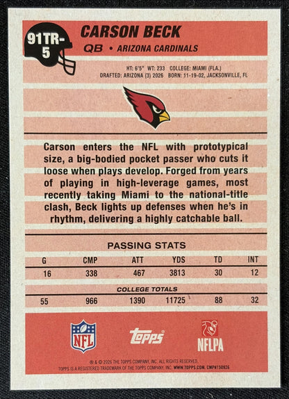 Carson Beck 2026 Topps 1991 Rookie Cardinals back