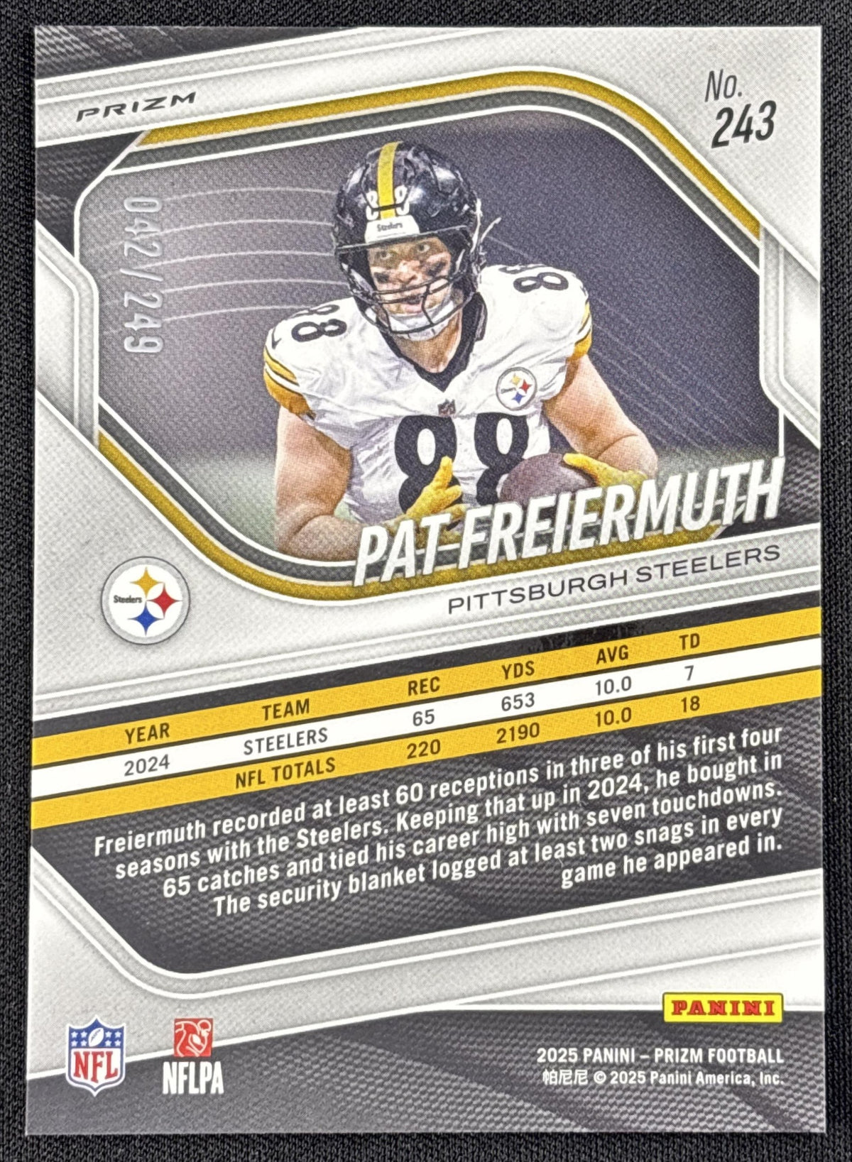 Pat Freiermuth 2025 Panini Prizm Orange /249 Steelers
