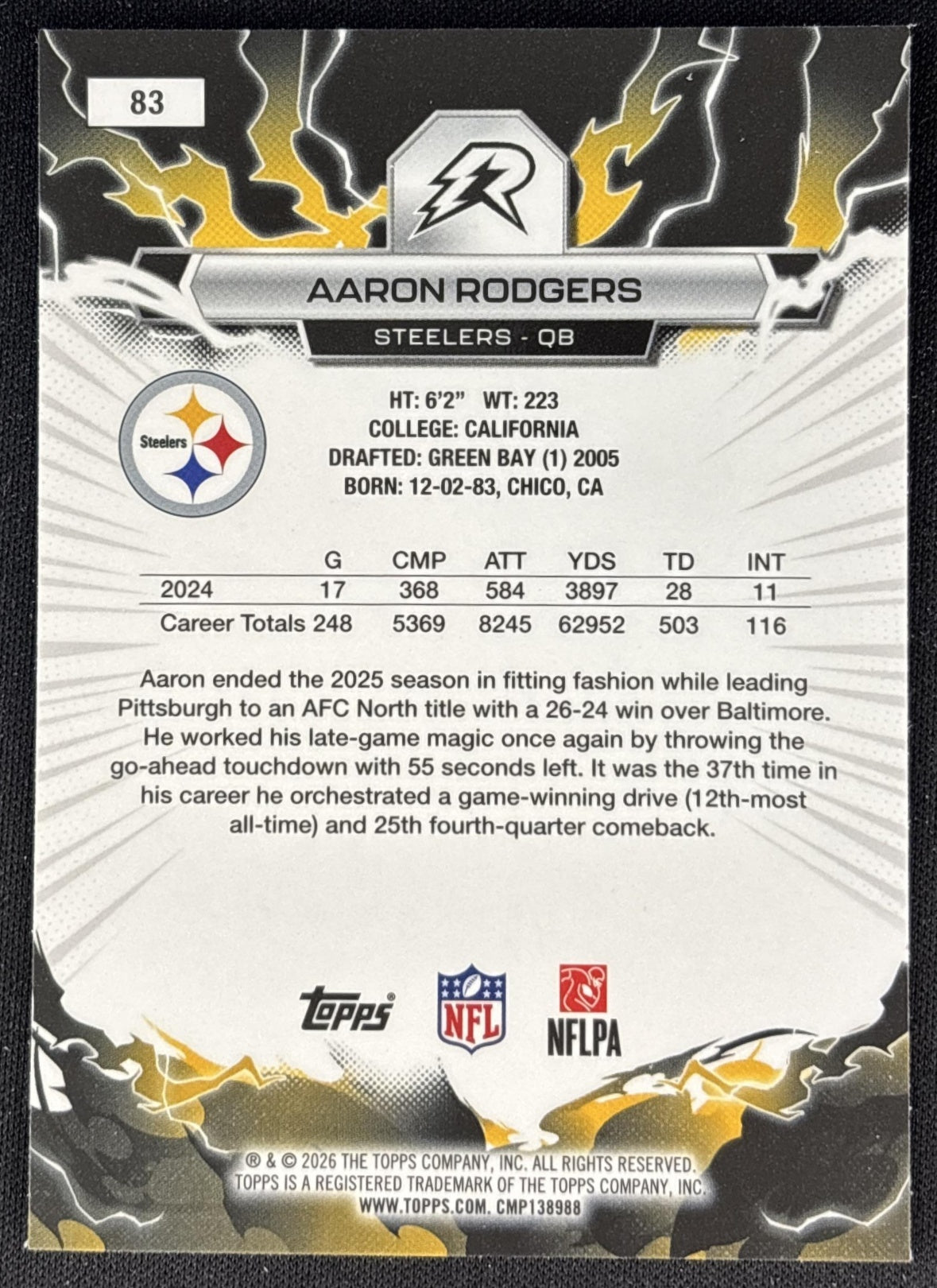 Aaron Rodgers 2025 Topps Resurgence Steelers Pittsburgh Steelers back