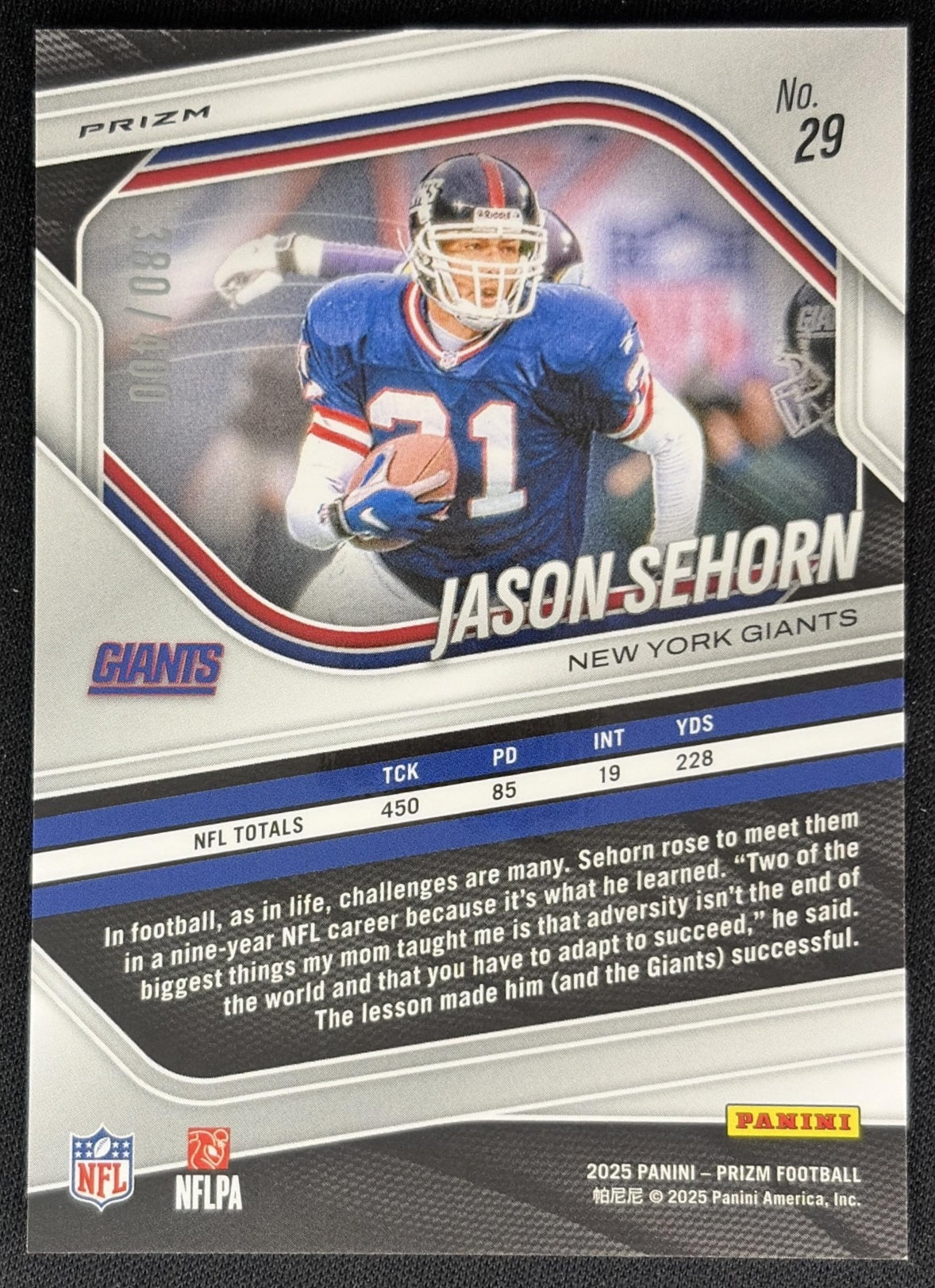 Jason Sehorn 2025 Panini Prizm Pandora /400 Giants back