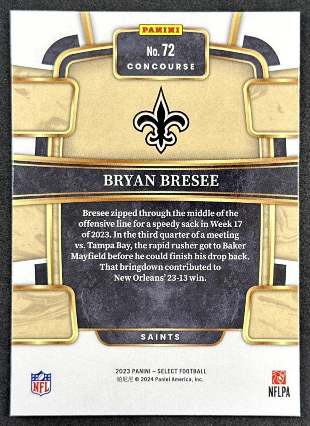 Bryan Bresee 2023 Select Concourse Rookie Saints back sports trading card