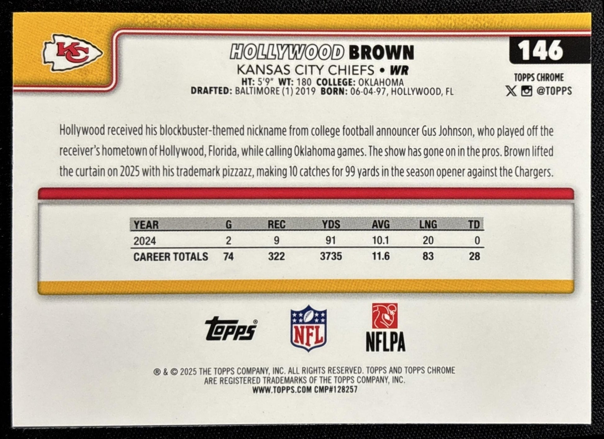 Hollywood Brown 2025 Topps Chrome Blue Refractor /150 Chiefs