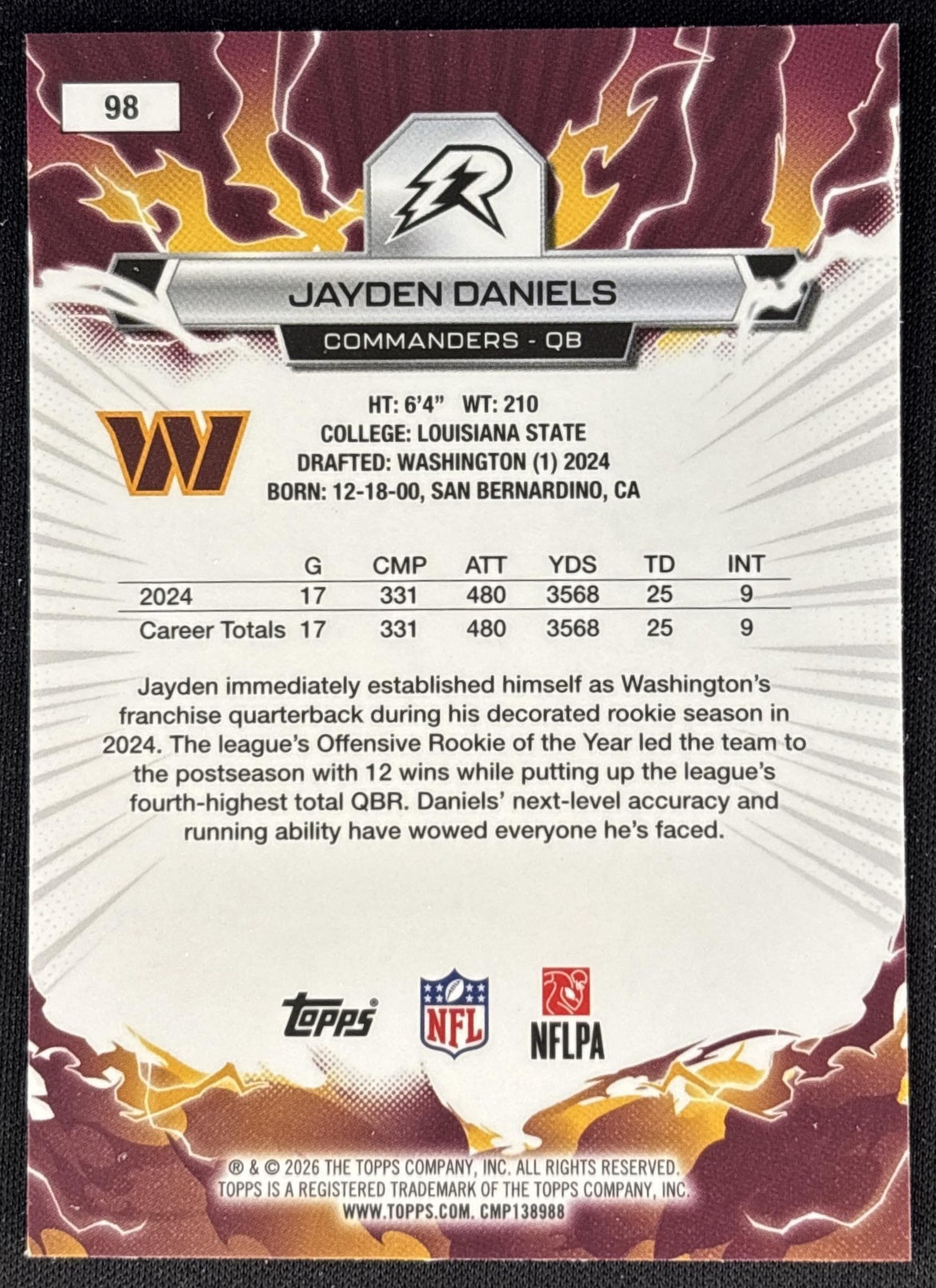 Jayden Daniels 2025 Topps Resurgence Commanders Washington Commanders back