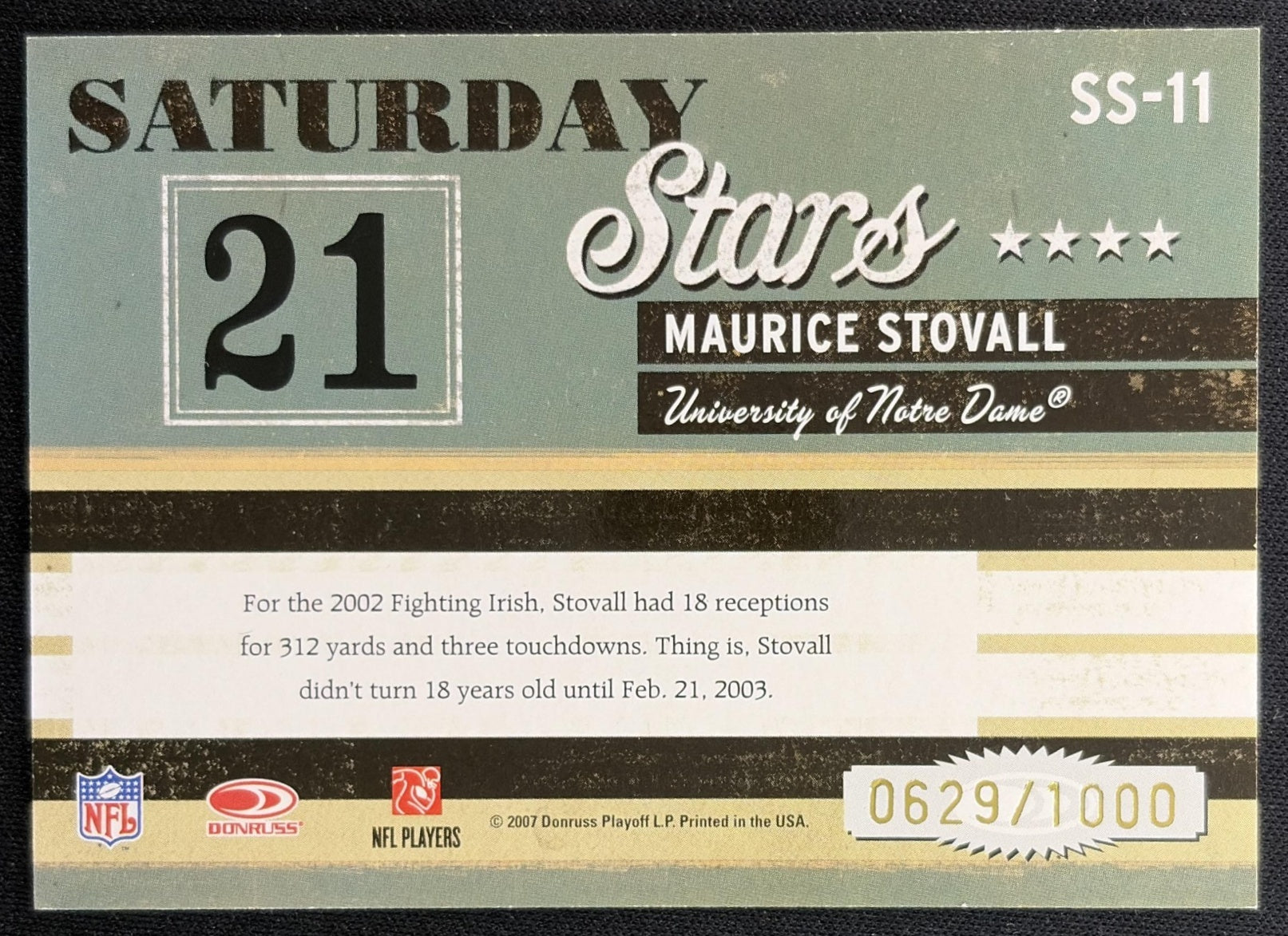 Maurice Stovall 2007 Donruss Classics Saturday Stars Bronze /1000 Fighting Irish back