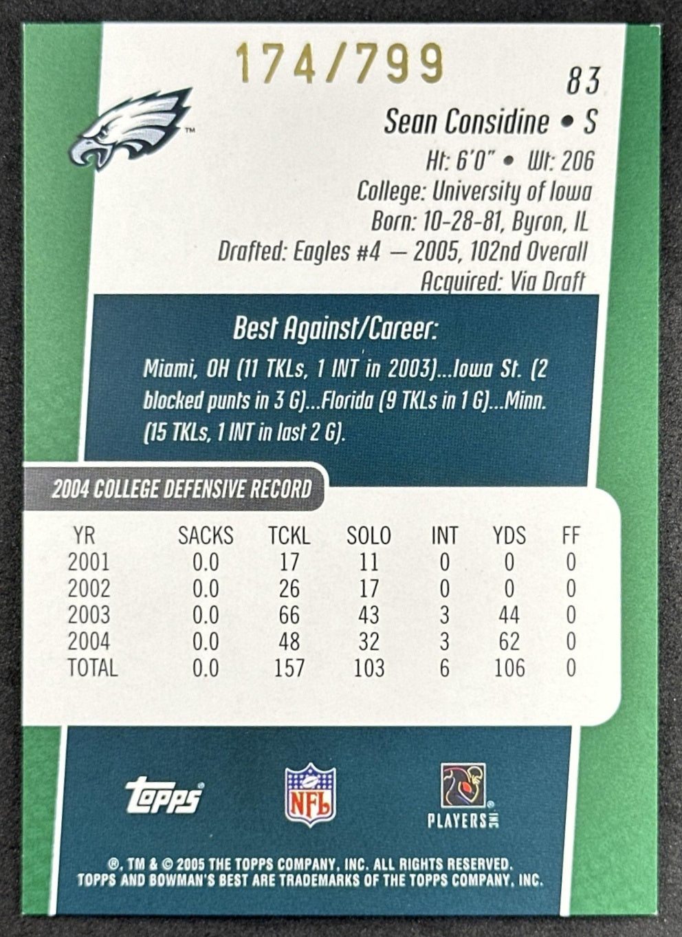 Sean Considine 2005 Bowman's Best Green /799 Eagles Sports Trading Cards
