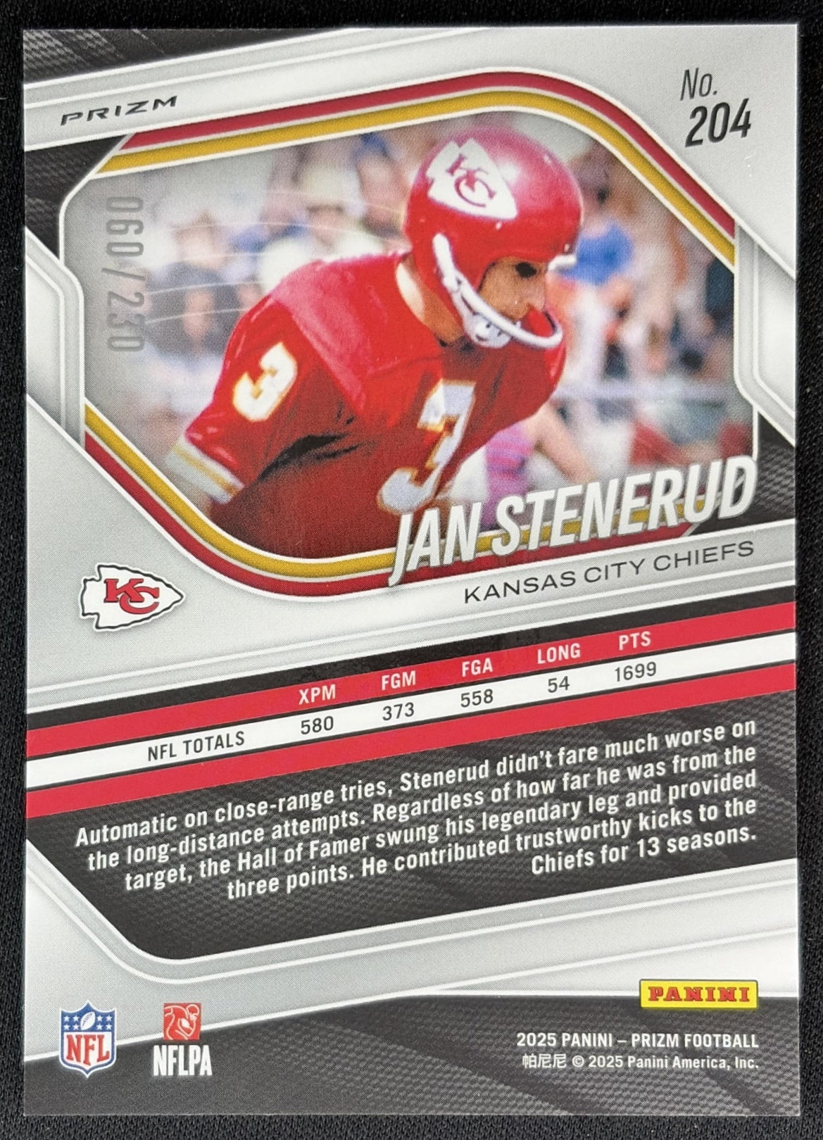 Jan Stenerud 2025 Panini Prizm Blue Wave /230 Chiefs Sports Trading Cards