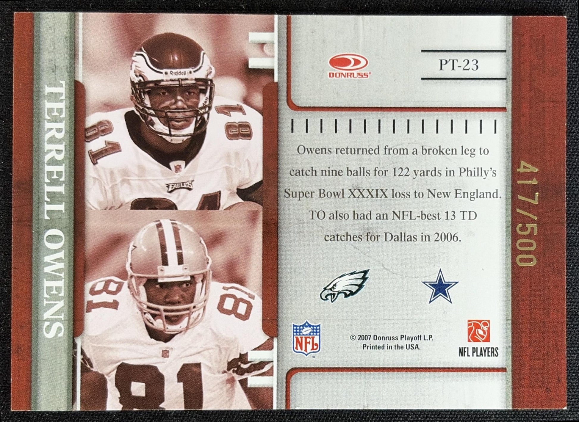 Terrell Owens 2007 Donruss Gridiron Gear Player Timeline Gold /500 Cowboys back