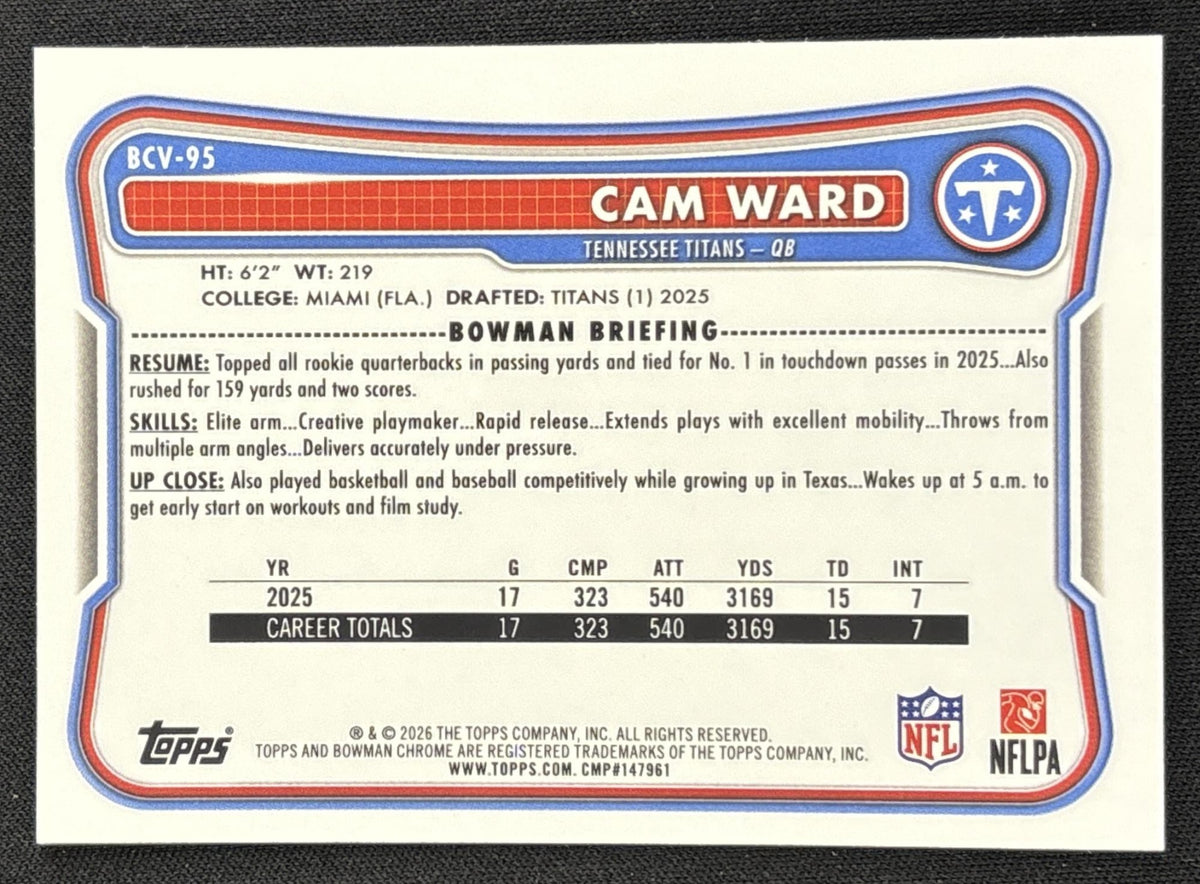 Cam Ward 2026 Bowman Chrome NFL Speckle Refractor Titans Sports Trading Card