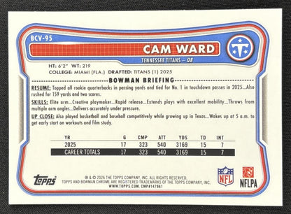 Cam Ward 2026 Bowman Chrome NFL Speckle Refractor Titans Sports Trading Card