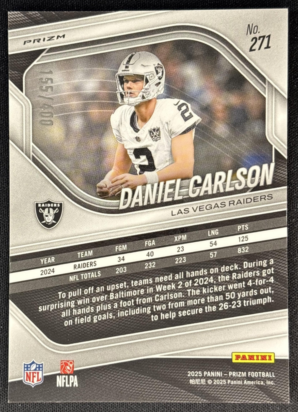 Daniel Carlson 2025 Panini Prizm Pandora /400 Raiders back
