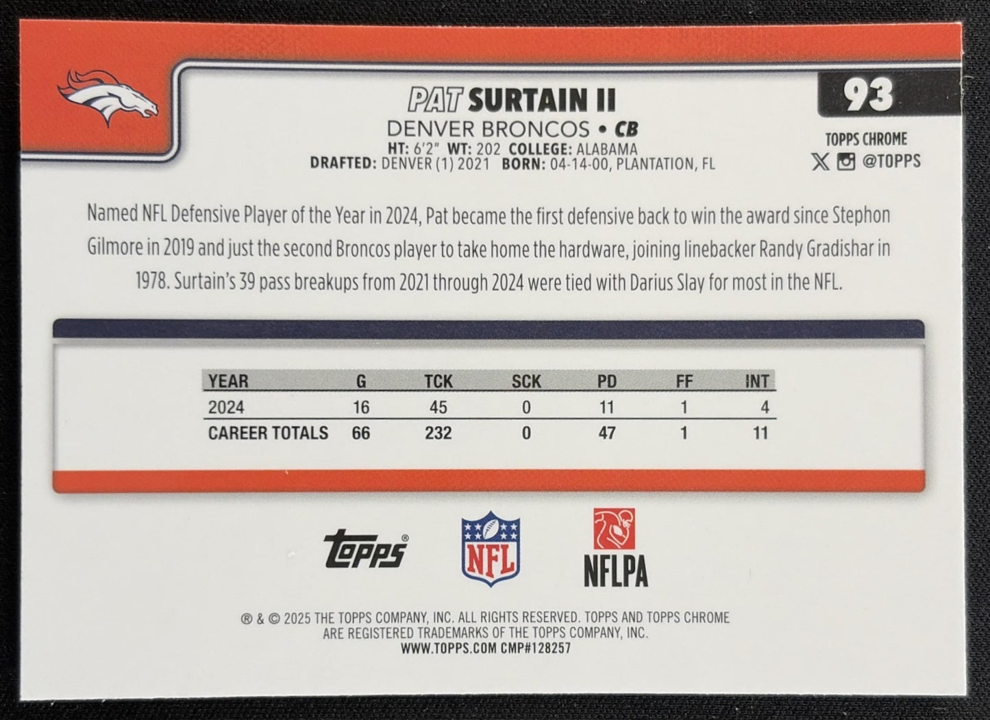 Pat Surtain II 2025 Topps Chrome Football Leather Refractor Broncos