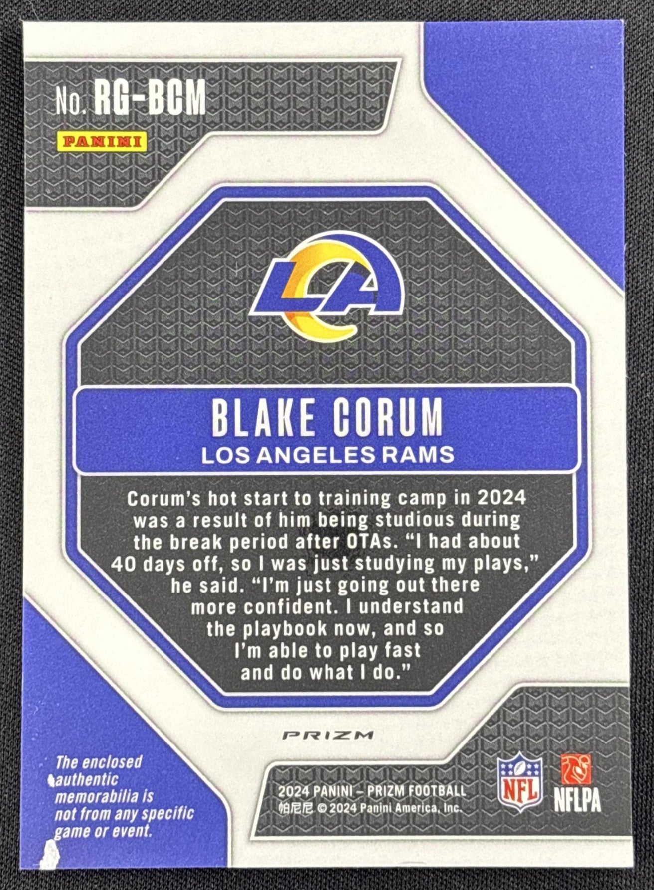 Blake Corum 2024 Panini Prizm Rookie Gear Neon Green Pulsar Rams
