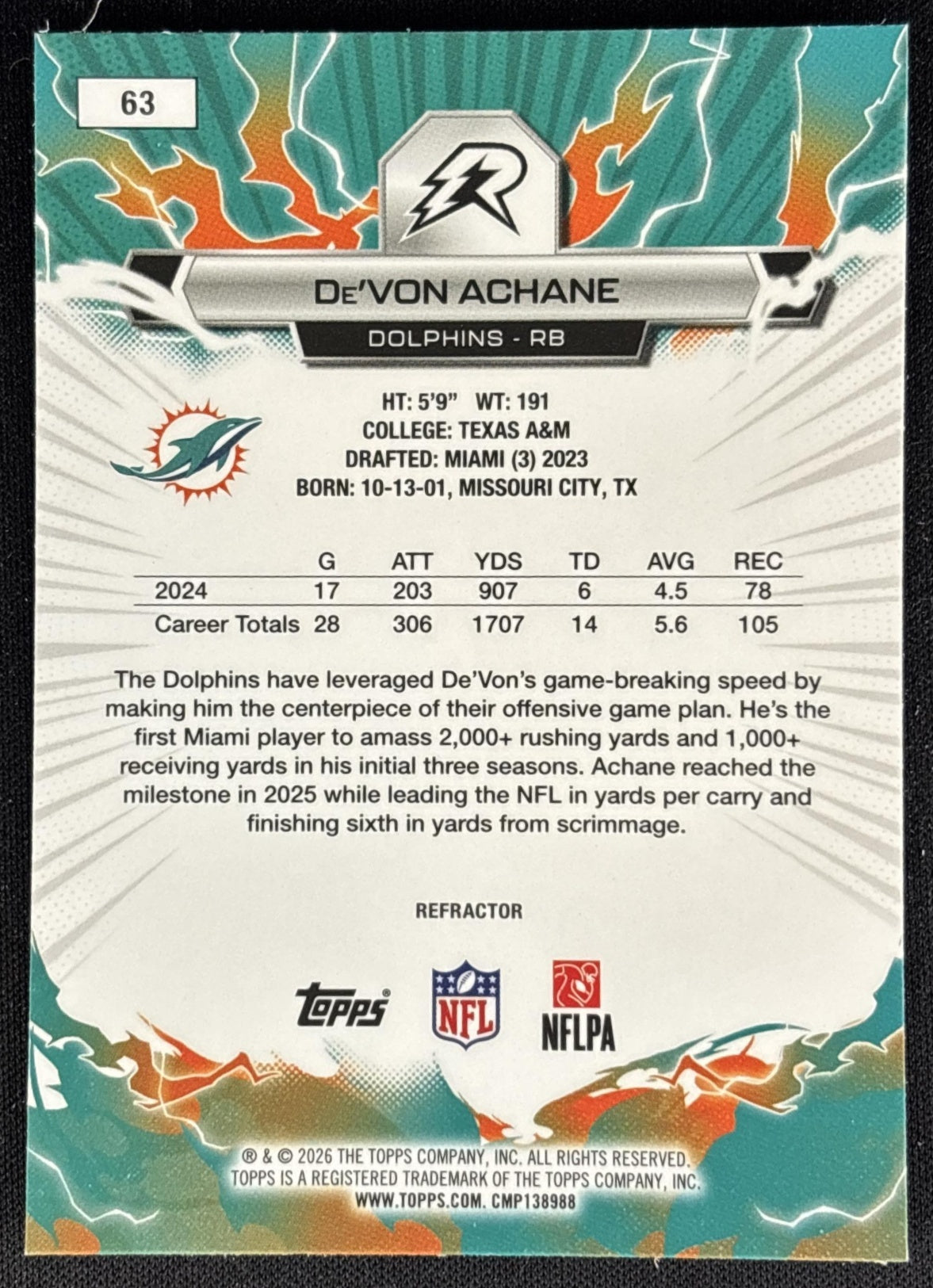 De'Von Achane 2025 Topps Resurgence Refractor Dolphins back