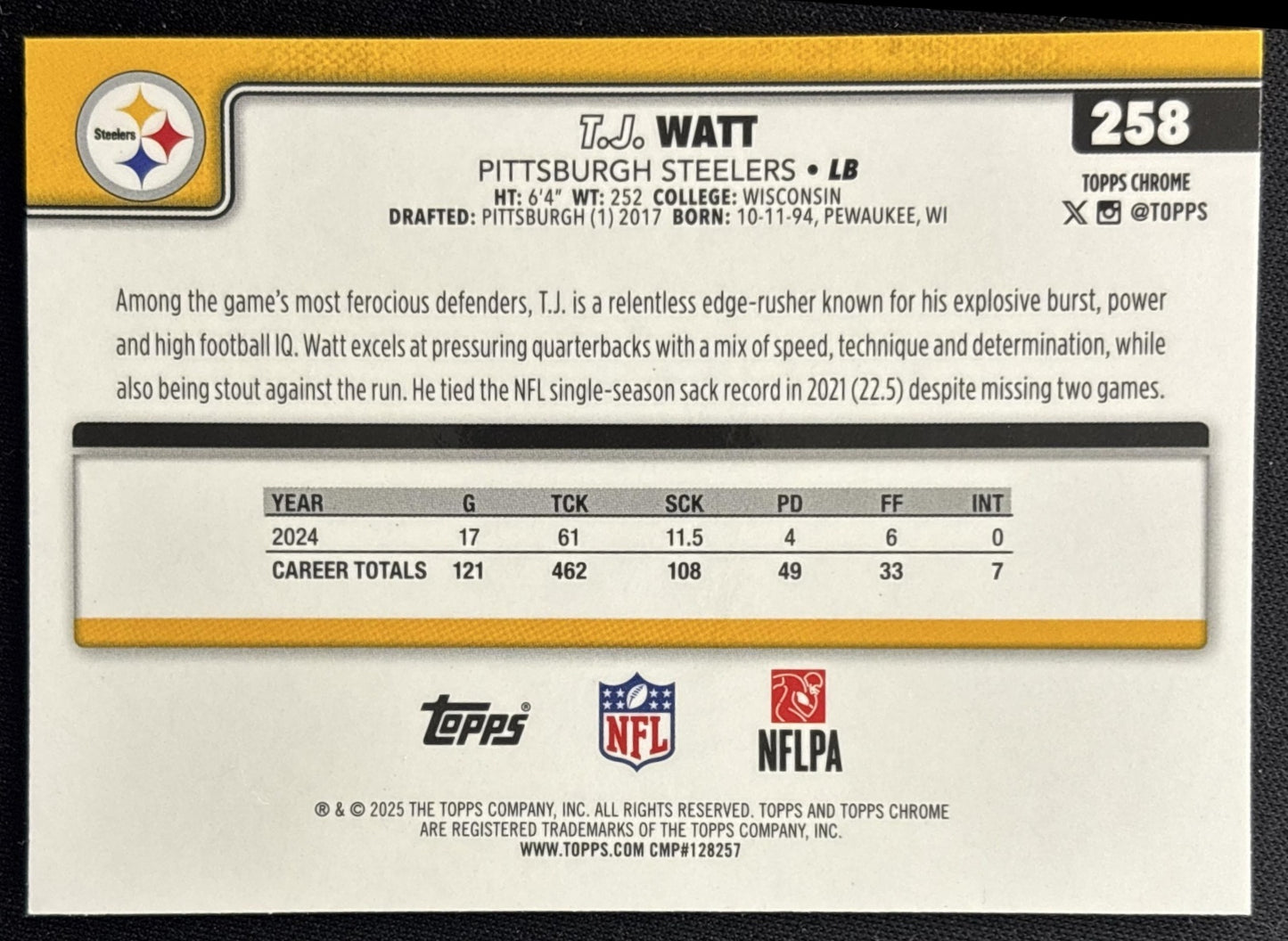 T.J. Watt 2025 Topps Chrome Sapphire Steelers
