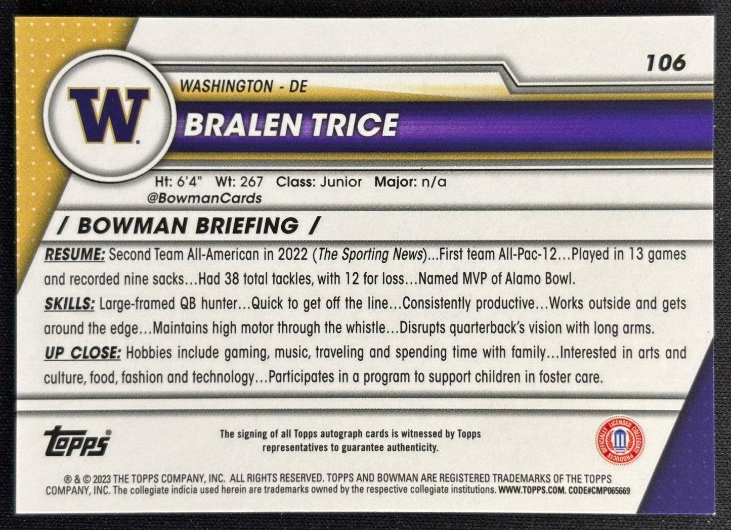 Bralen Trice 2023 University Chrome Prospect Auto Huskies - Back | Wayne Collection