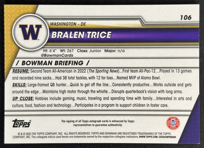 Bralen Trice 2023 University Chrome Prospect Auto Huskies - Back | Wayne Collection